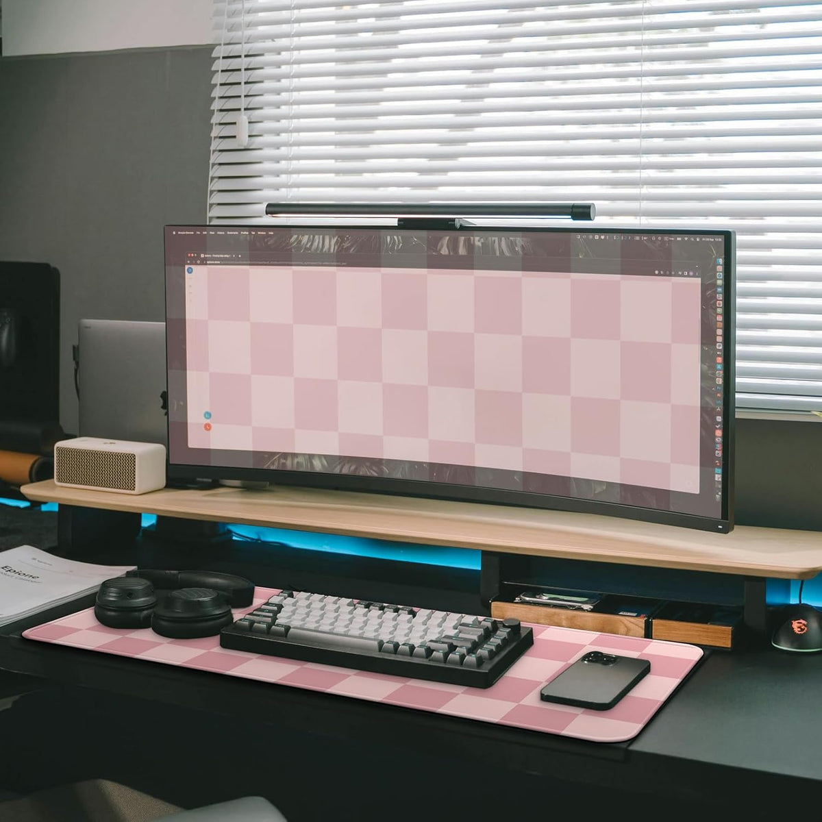 Gaming Mouse Pad with Non-Slip Base, Cute Mouse Mat with Stitched Edges for Keyboard and Mouse, Large Anime Mousepad for Computer, 31.5 x 11.8 inches (Pink Checkered)