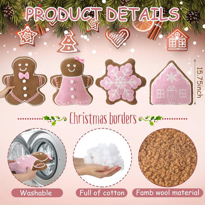 4 Pcs Fall Christmas Throw Pillows,Pink,Gingerbread