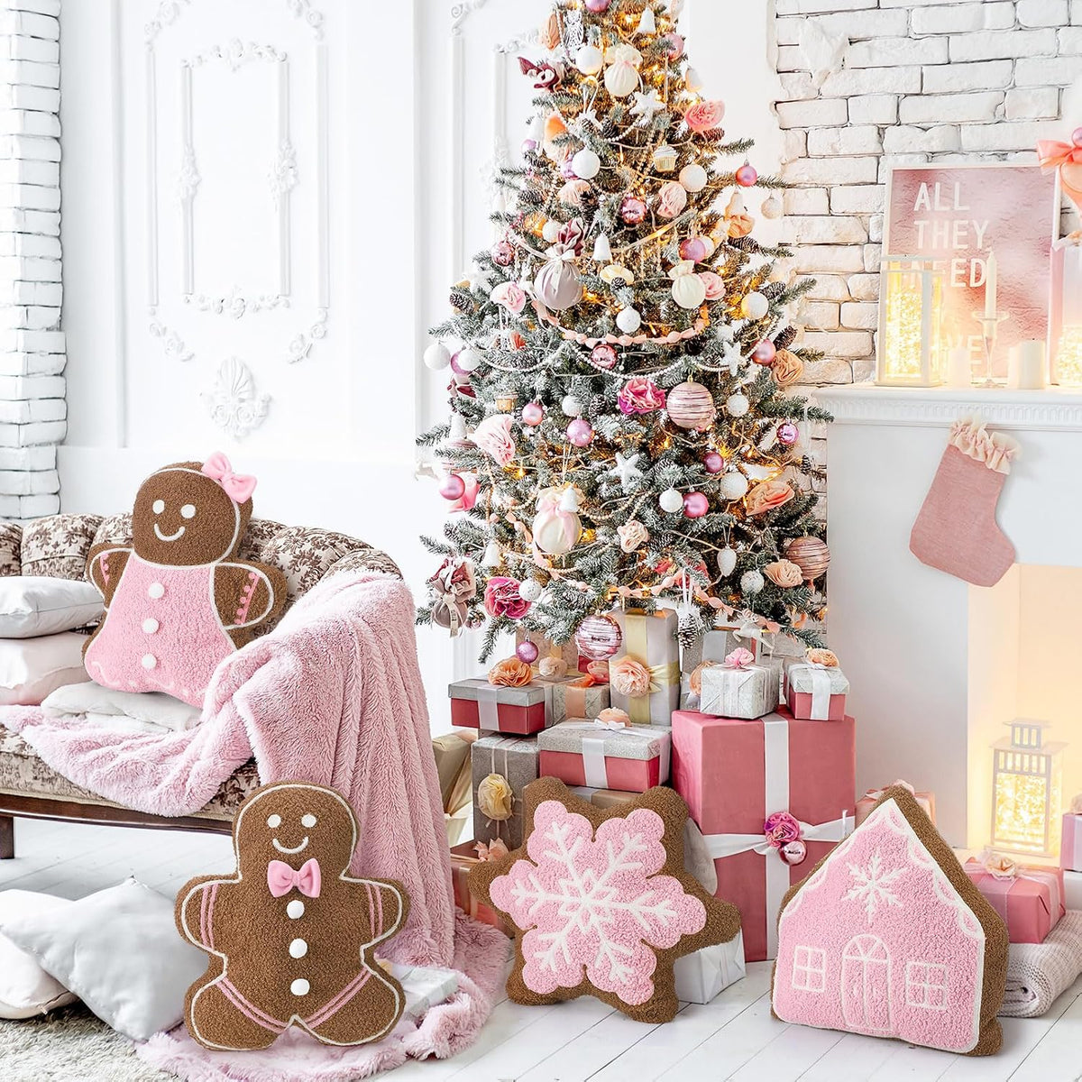 4 Pcs Fall Christmas Throw Pillows,Pink,Gingerbread