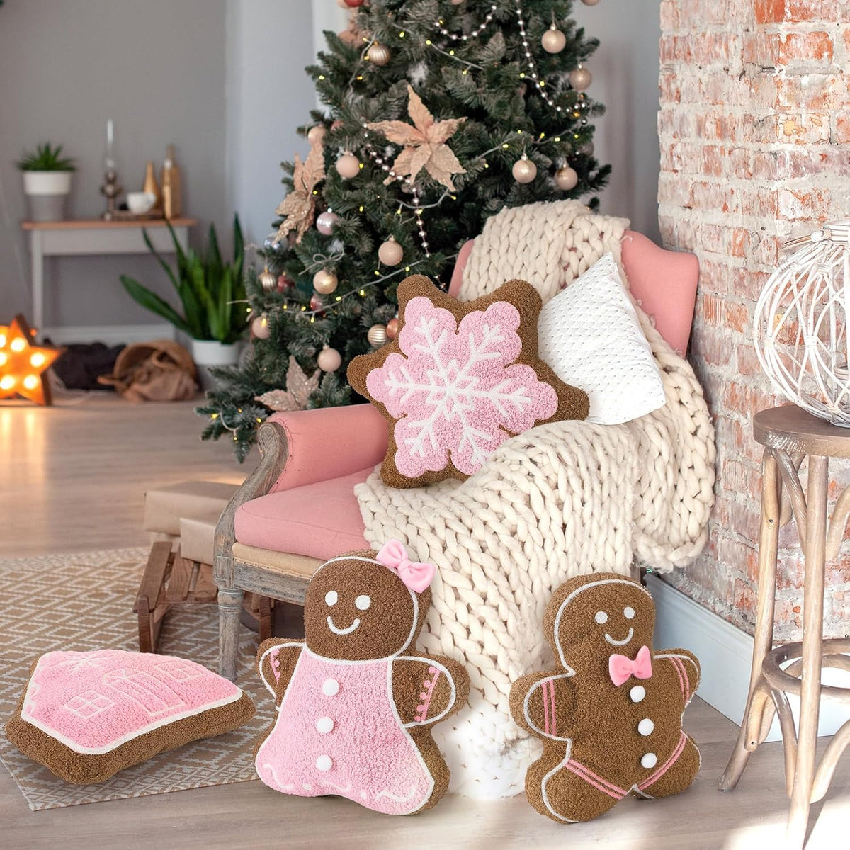 4 Pcs Fall Christmas Throw Pillows,Pink,Gingerbread