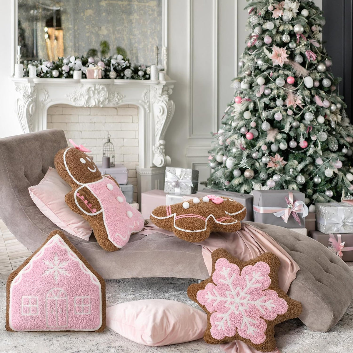 4 Pcs Fall Christmas Throw Pillows,Pink,Gingerbread