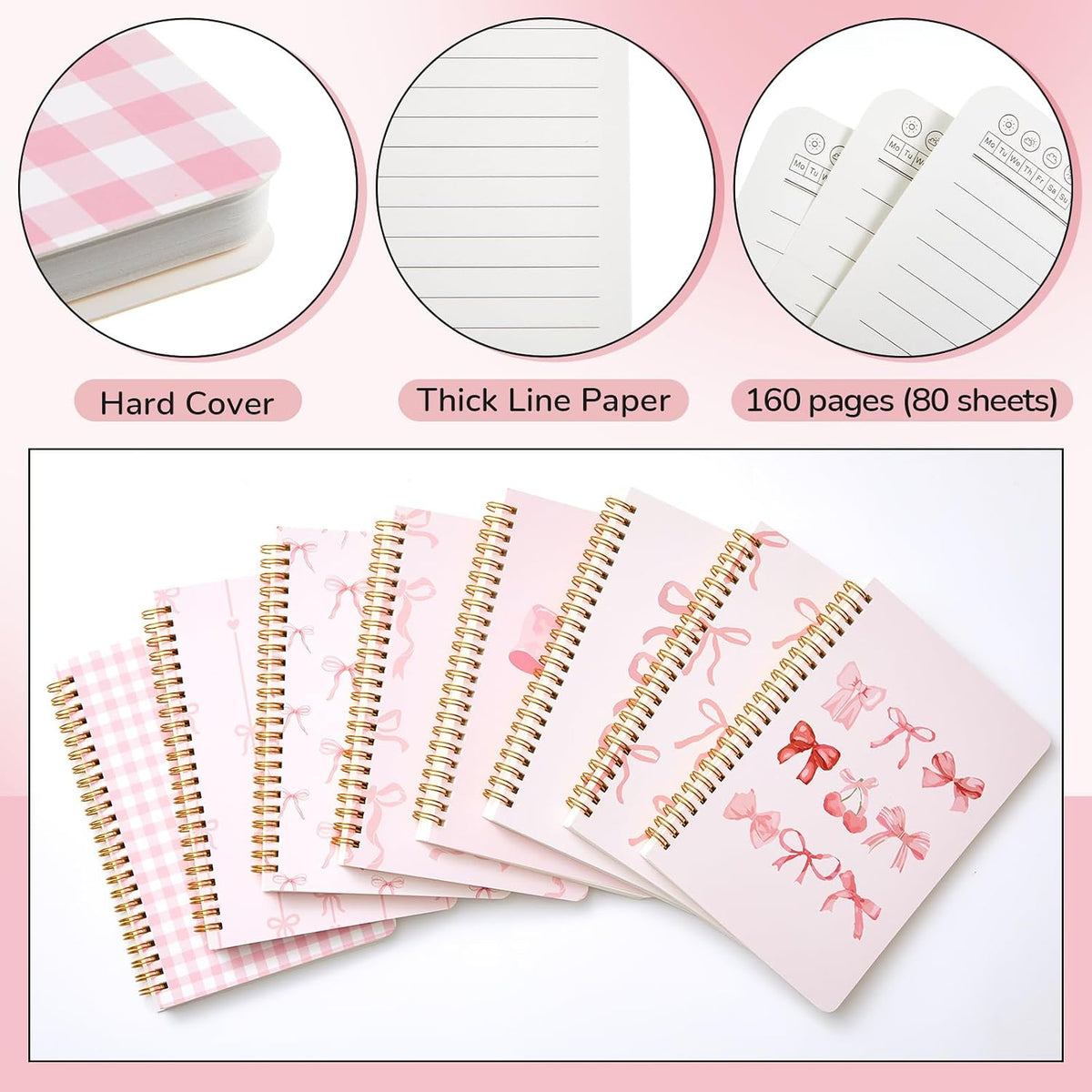 8 Pack Pink Bow Spiral Notebooks, Cute Coquette Preppy Journal A5 Aesthetic Notebook Christmas Gifts for Women, Ruled Bowknot Coquette Stuff Pink Bow Bible Journal 5.5 x 8.3 Inch