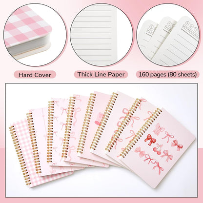 8 Pack Pink Bow Spiral Notebooks, Cute Coquette Preppy Journal A5 Aesthetic Notebook Christmas Gifts for Women, Ruled Bowknot Coquette Stuff Pink Bow Bible Journal 5.5 x 8.3 Inch