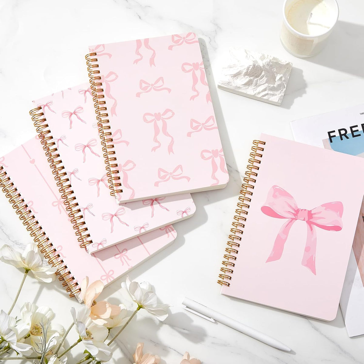 8 Pack Pink Bow Spiral Notebooks, Cute Coquette Preppy Journal A5 Aesthetic Notebook Christmas Gifts for Women, Ruled Bowknot Coquette Stuff Pink Bow Bible Journal 5.5 x 8.3 Inch
