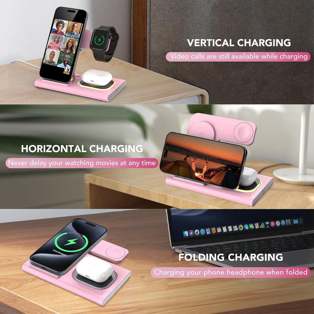 3 in 1 Foldable Wireless Fast Charging Station for Apple Multiple Devices