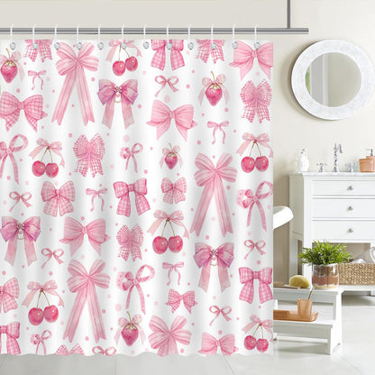 Pink Bow Shower Curtain Valentines Pink Bow Cherry Strawberry Bathroom Shower Curtain Cute Pink Bow Aesthetic Waterproof Fabric Shower Curtain Bathtub Decor with 12 Hooks 72 X 72 inch