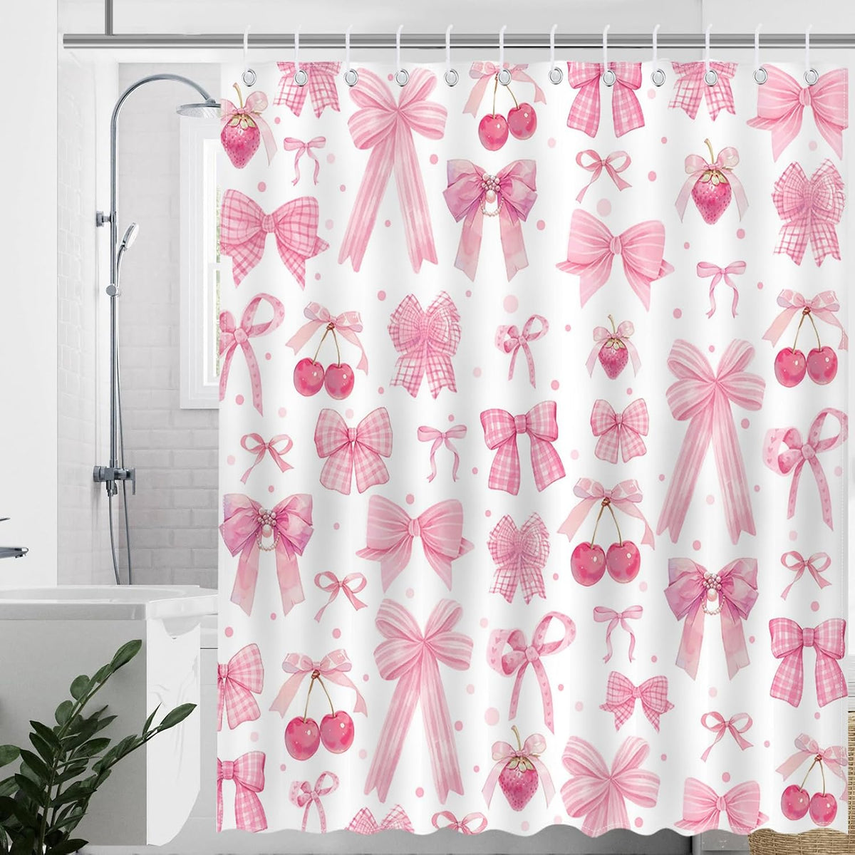 Pink Bow Shower Curtain Valentines Pink Bow Cherry Strawberry Bathroom Shower Curtain Cute Pink Bow Aesthetic Waterproof Fabric Shower Curtain Bathtub Decor with 12 Hooks 72 X 72 inch