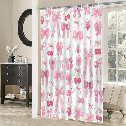 Pink Bow Shower Curtain Valentines Pink Bow Cherry Strawberry Bathroom Shower Curtain Cute Pink Bow Aesthetic Waterproof Fabric Shower Curtain Bathtub Decor with 12 Hooks 72 X 72 inch