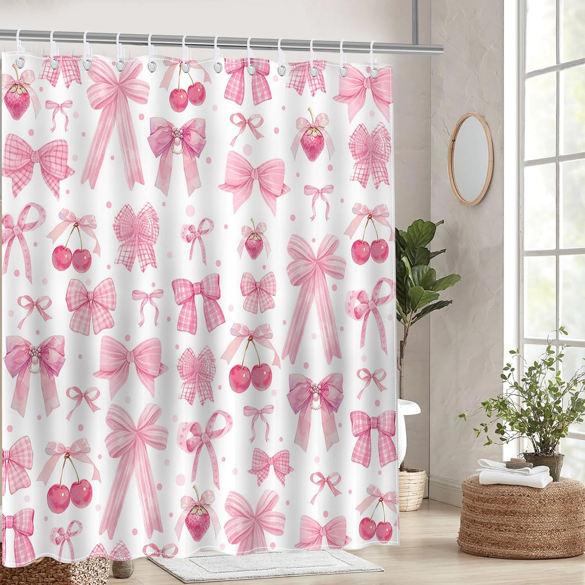 Pink Bow Shower Curtain Valentines Pink Bow Cherry Strawberry Bathroom Shower Curtain Cute Pink Bow Aesthetic Waterproof Fabric Shower Curtain Bathtub Decor with 12 Hooks 72 X 72 inch