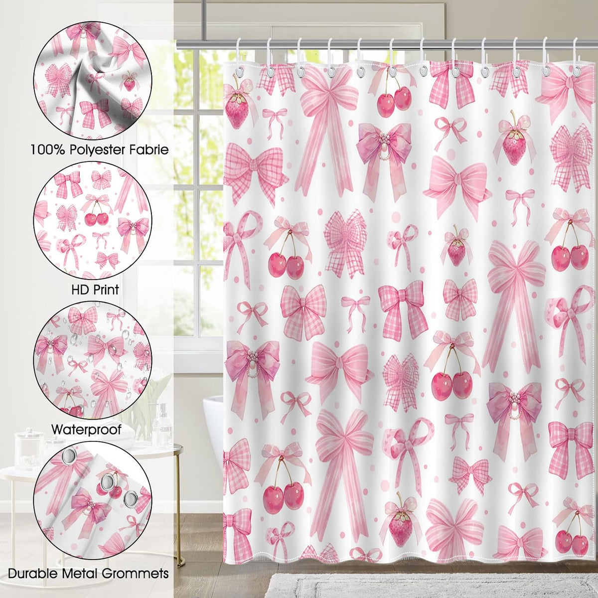 Pink Bow Shower Curtain Valentines Pink Bow Cherry Strawberry Bathroom Shower Curtain Cute Pink Bow Aesthetic Waterproof Fabric Shower Curtain Bathtub Decor with 12 Hooks 72 X 72 inch