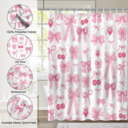 Pink Bow Shower Curtain Valentines Pink Bow Cherry Strawberry Bathroom Shower Curtain Cute Pink Bow Aesthetic Waterproof Fabric Shower Curtain Bathtub Decor with 12 Hooks 72 X 72 inch