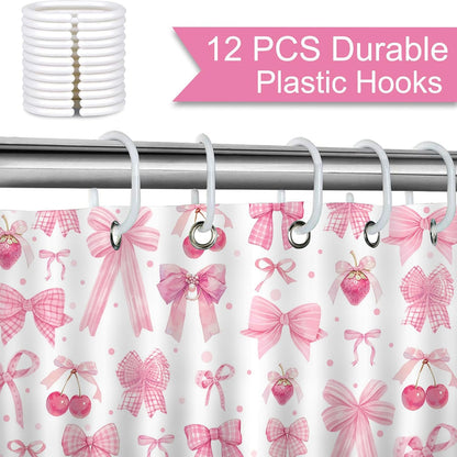 Pink Bow Shower Curtain Valentines Pink Bow Cherry Strawberry Bathroom Shower Curtain Cute Pink Bow Aesthetic Waterproof Fabric Shower Curtain Bathtub Decor with 12 Hooks 72 X 72 inch