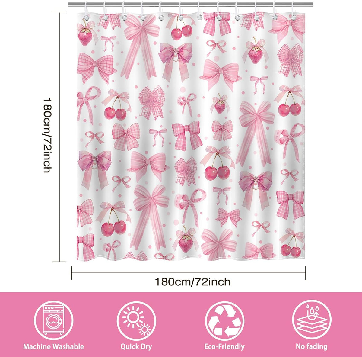 Pink Bow Shower Curtain Valentines Pink Bow Cherry Strawberry Bathroom Shower Curtain Cute Pink Bow Aesthetic Waterproof Fabric Shower Curtain Bathtub Decor with 12 Hooks 72 X 72 inch