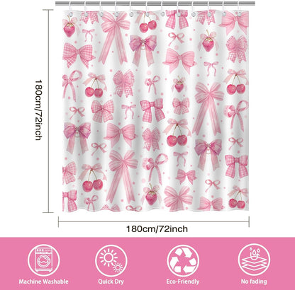 Pink Bow Shower Curtain Valentines Pink Bow Cherry Strawberry Bathroom Shower Curtain Cute Pink Bow Aesthetic Waterproof Fabric Shower Curtain Bathtub Decor with 12 Hooks 72 X 72 inch