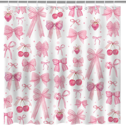 Pink Bow Shower Curtain Valentines Pink Bow Cherry Strawberry Bathroom Shower Curtain Cute Pink Bow Aesthetic Waterproof Fabric Shower Curtain Bathtub Decor with 12 Hooks 72 X 72 inch