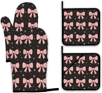 Cute Pink Bow Oven Mitts and Pot Holders,Heat Resistant Oven Mitts Gloves and Pot Holder for Home Kitchen Decorations Cooking Baking BBQ Gifts,Set of 4