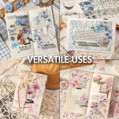 Scrapbook Supplies Kit – 100Pcs Vintage Floral Scrapbook Paper & Junk Journal Stickers, Journaling Supplies for Bullet Journaling, Retro Crafts, Mixed Media, Planner, Collage Card Album (Pink)