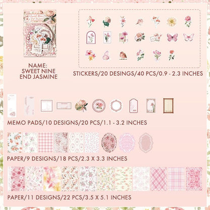 Scrapbook Supplies Kit – 100Pcs Vintage Floral Scrapbook Paper & Junk Journal Stickers, Journaling Supplies for Bullet Journaling, Retro Crafts, Mixed Media, Planner, Collage Card Album (Pink)