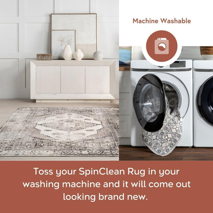 Tracie Machine Washable Floral Medallion Area Rug, 5' x 8', Peach
