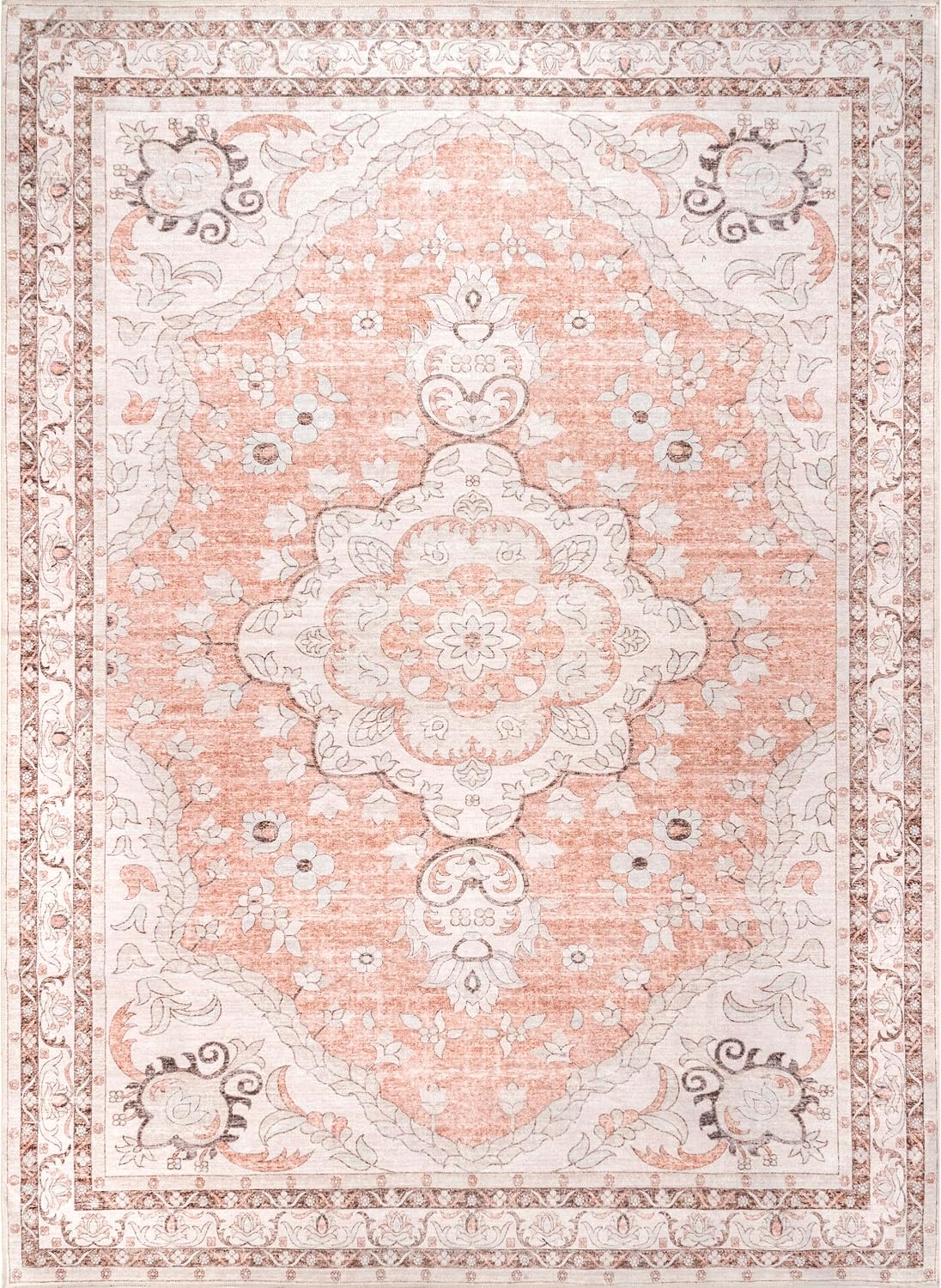 Tracie Machine Washable Floral Medallion Area Rug, 5' x 8', Peach