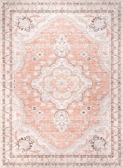 Tracie Machine Washable Floral Medallion Area Rug, 5' x 8', Peach