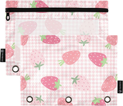 Pencil Pouch for 3 Ring Binder Strawberry Checkered Pink 2 Pack Clear Window Pencil Bags with Zipper Pencil Case