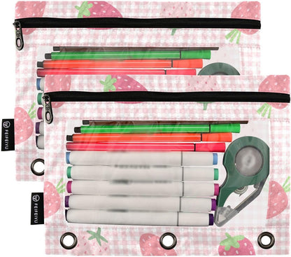 Pencil Pouch for 3 Ring Binder Strawberry Checkered Pink 2 Pack Clear Window Pencil Bags with Zipper Pencil Case