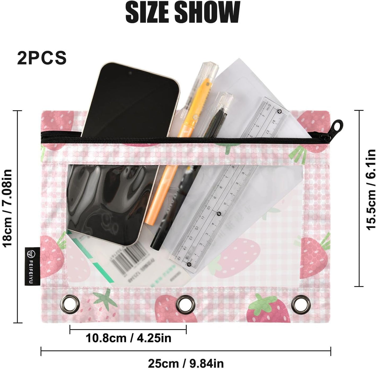 Pencil Pouch for 3 Ring Binder Strawberry Checkered Pink 2 Pack Clear Window Pencil Bags with Zipper Pencil Case