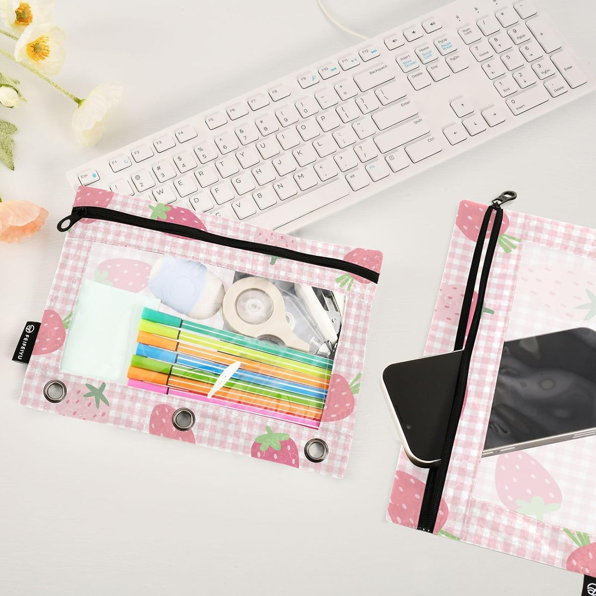 Pencil Pouch for 3 Ring Binder Strawberry Checkered Pink 2 Pack Clear Window Pencil Bags with Zipper Pencil Case