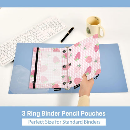 Pencil Pouch for 3 Ring Binder Strawberry Checkered Pink 2 Pack Clear Window Pencil Bags with Zipper Pencil Case