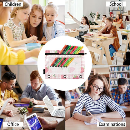 Pencil Pouch for 3 Ring Binder Strawberry Checkered Pink 2 Pack Clear Window Pencil Bags with Zipper Pencil Case