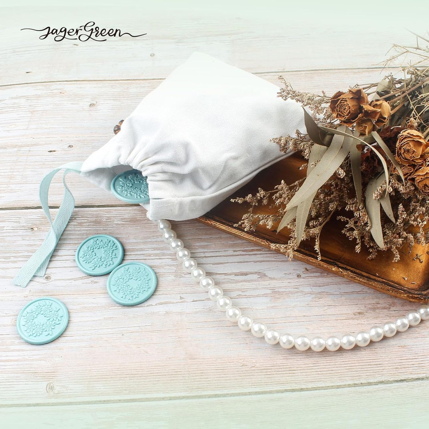 JagerGreen White Gift Bag with Peach Drawstring, 5.2x6.5 Inches 10 Pcs Drawstring Gift Bags with Stickers for Party, Wedding Favor, Christmas, Birthday, Candy, Bridal Shower, Craft Wrapping Supplies