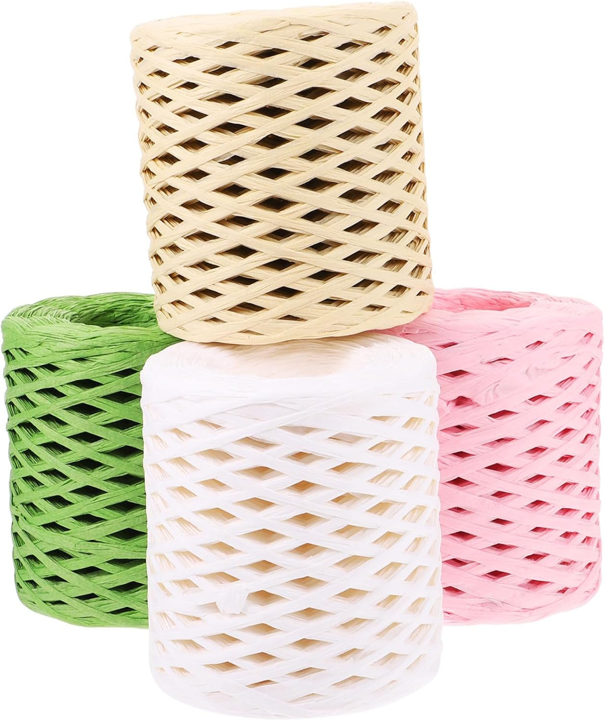 4 Rolls Raffia Twine Craft Ribbon Set, (, Grass Green, Natural Beige, Peach), Decorative Wrapping Ribbon for Christmas and DIY Packing Supplies