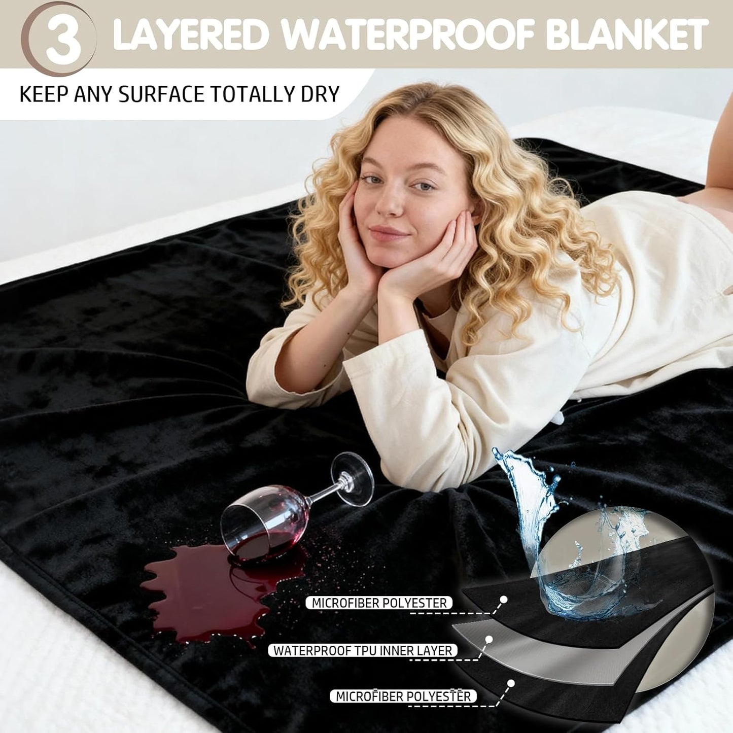 KISSAZ Black Waterproof Blanket for Bed, Reversible Leakproof King Size Bed Blankets, Double Sided Machine Washable for Couch Sofa Cover, Furniture ProtectorTravel, Movie Time, Queen Size (76''x80'')
