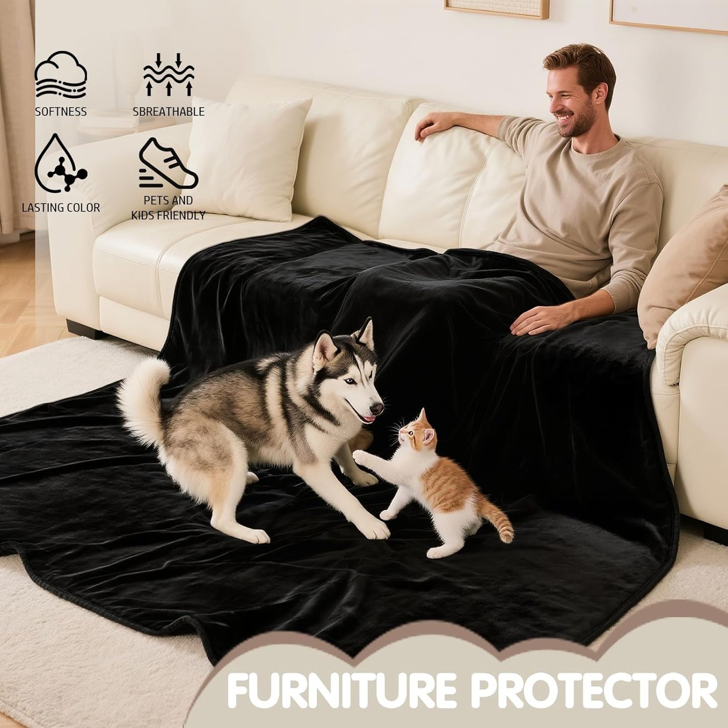 KISSAZ Black Waterproof Blanket for Bed, Reversible Leakproof King Size Bed Blankets, Double Sided Machine Washable for Couch Sofa Cover, Furniture ProtectorTravel, Movie Time, Queen Size (76''x80'')