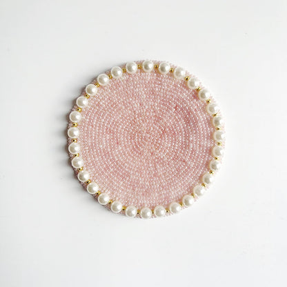 Handmade Beaded Tabletop Protection Coaster - Imitation Pearl, 4 Inch Round, Coffee/Tea/Bar Coaster, Dinning Table Accessories Decor Gift Art (Pink)