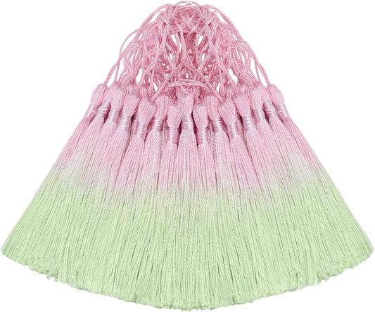 Small Bookmark Tassel DIY Craft: Bulk 50pcs Personalized Fringe Kit with String for Sublimation Cap,Graduation Gown,Bag Chain Cord,Furniture Pendant,Key Charm Making,Keychain Ribbon Trim (Pink Green)