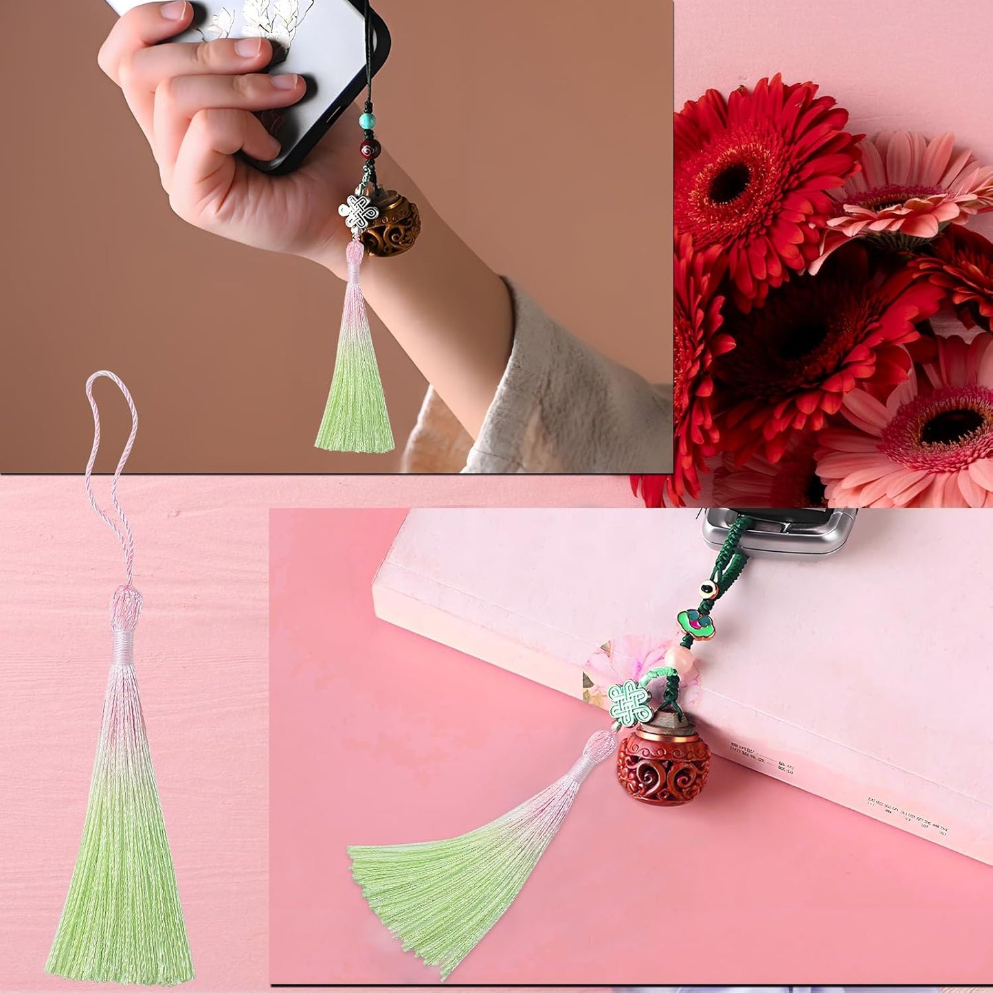 Small Bookmark Tassel DIY Craft: Bulk 50pcs Personalized Fringe Kit with String for Sublimation Cap,Graduation Gown,Bag Chain Cord,Furniture Pendant,Key Charm Making,Keychain Ribbon Trim (Pink Green)