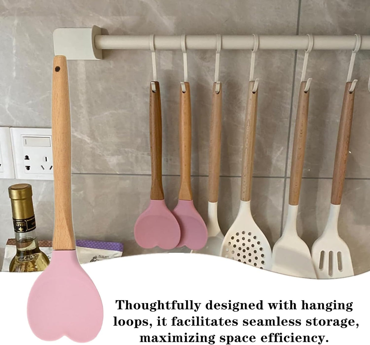 1 PCS Silicone Spatula Professional Rubber Spatulas Heat-Resistant Heart-Shaped Spatulas with Wood Handle for Nonstick Cookware, Cooking(Pink)