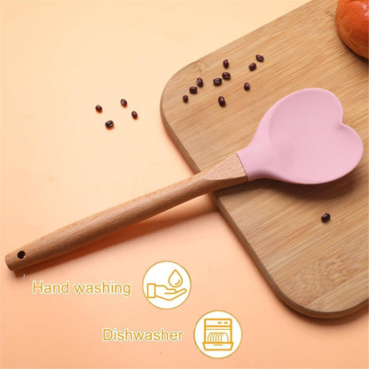 1 PCS Silicone Spatula Professional Rubber Spatulas Heat-Resistant Heart-Shaped Spatulas with Wood Handle for Nonstick Cookware, Cooking(Pink)