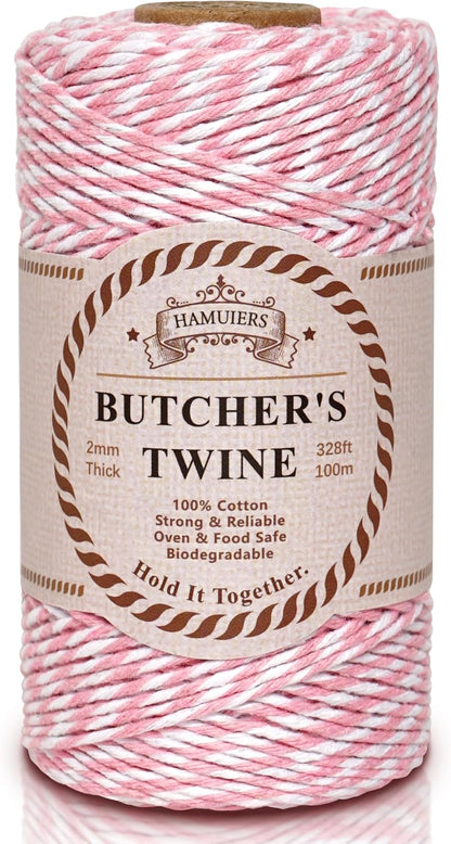 Cotton Twine String, 328 Feet Pink & White - Christmas Twine for Gift Wrapping, Crafts, Baking, Butchers, Holiday Decorations, DIY, Kitchen & Gardening