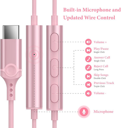 USB C Headphones for iPhone 17 16 15 Pro Max/iPad Air Earbuds Pink