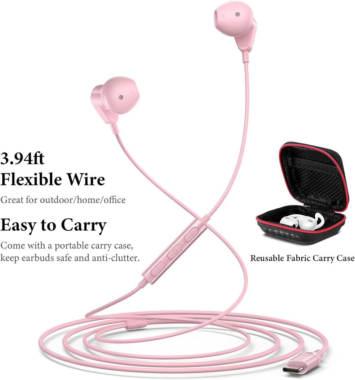USB C Headphones for iPhone 17 16 15 Pro Max/iPad Air Earbuds Pink
