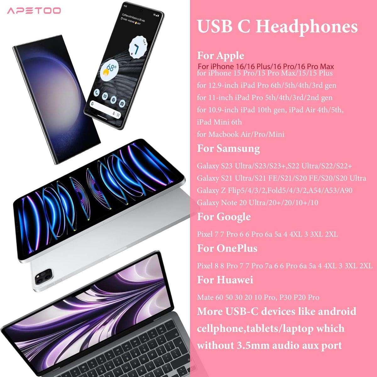 USB C Headphones for iPhone 17 16 15 Pro Max/iPad Air Earbuds Pink