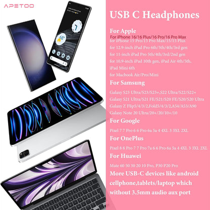 USB C Headphones for iPhone 17 16 15 Pro Max/iPad Air Earbuds Pink