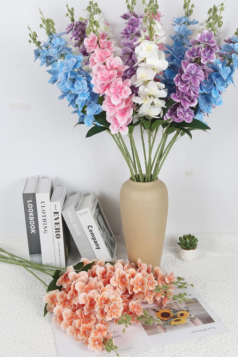 Delphinium Artificial Flowers,6PCS Artificial Snapdragon Flowers 33" Silk Larkspur Flowers for Tall Vases Wedding Party Home Table Decor(Peach)