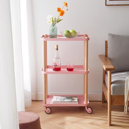 Rolling Storage Cart, 3 Tier Bathroom Organizer Mobile Shelving Unit, Metal Utility Cart Tower Rack with Beech Wood Frame for Kitchen Laundry Narrow Places(13.77"D x 19.68"W x 32.08"H, Pink)