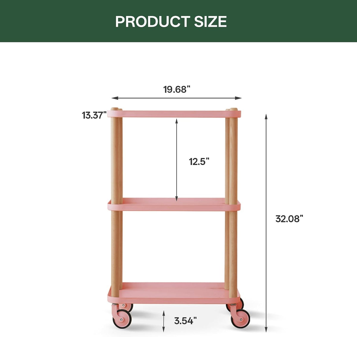 Rolling Storage Cart, 3 Tier Bathroom Organizer Mobile Shelving Unit, Metal Utility Cart Tower Rack with Beech Wood Frame for Kitchen Laundry Narrow Places(13.77"D x 19.68"W x 32.08"H, Pink)
