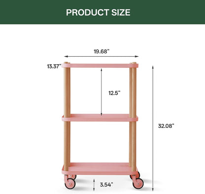Rolling Storage Cart, 3 Tier Bathroom Organizer Mobile Shelving Unit, Metal Utility Cart Tower Rack with Beech Wood Frame for Kitchen Laundry Narrow Places(13.77"D x 19.68"W x 32.08"H, Pink)