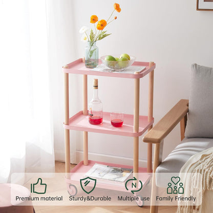 Rolling Storage Cart, 3 Tier Bathroom Organizer Mobile Shelving Unit, Metal Utility Cart Tower Rack with Beech Wood Frame for Kitchen Laundry Narrow Places(13.77"D x 19.68"W x 32.08"H, Pink)